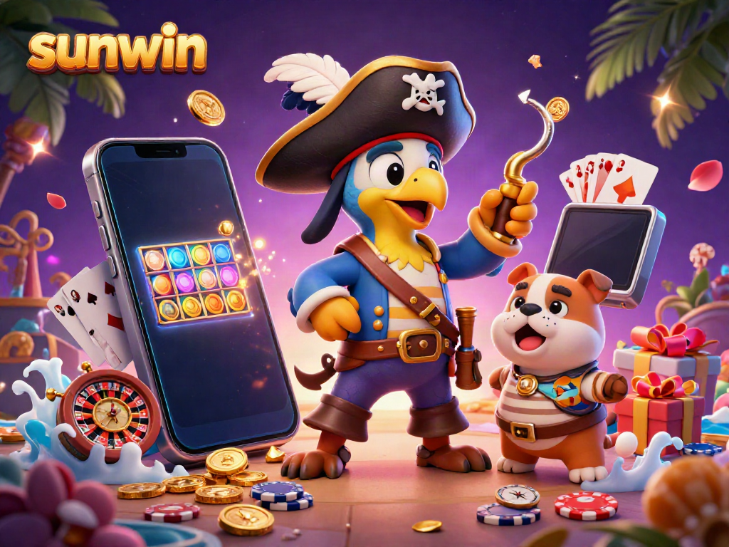 Engage in thrilling gaming with sunwin, featuring a colorful casino scene with characters and vibrant elements.