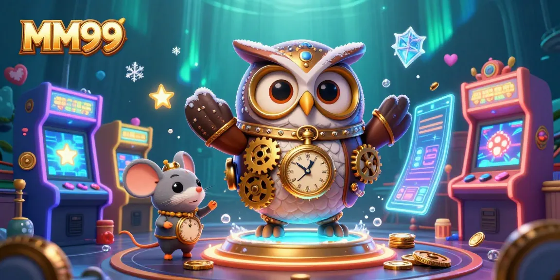 Experience the vibrant world of MM99 with a stunning 3D illustration of a steampunk owl and casino elements.