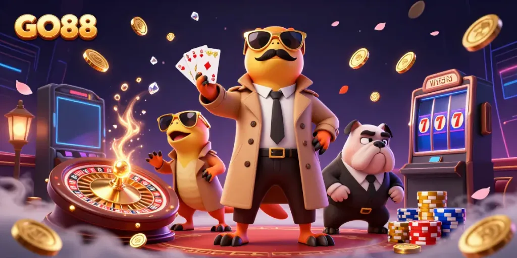 Experience the excitement of GO88, where raptors disguise for entry to a vibrant casino with dazzling game elements.