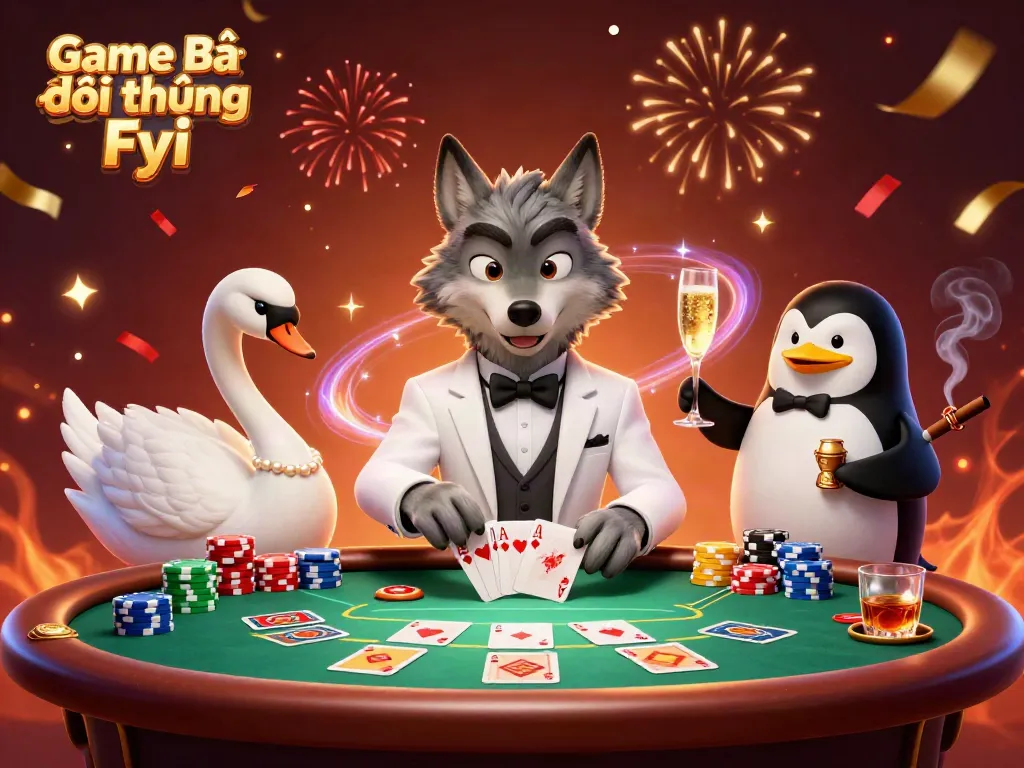 Engage with Game Bài Đổi Thưởng Fyi in this vibrant casino scene featuring a stylish wolf, elegant swan, and refined penguin.