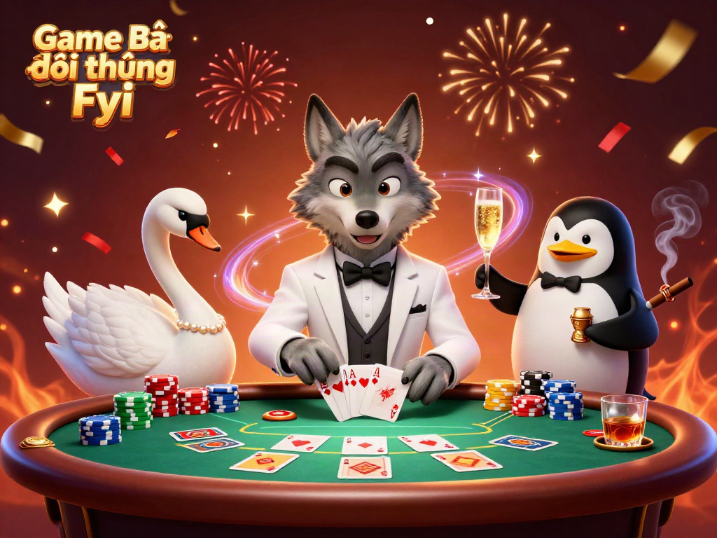 Engage with Game Bài Đổi Thưởng Fyi in this vibrant casino scene featuring a stylish wolf, elegant swan, and refined penguin.