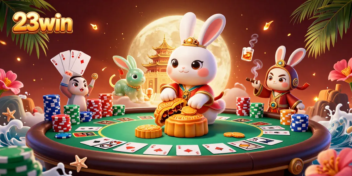 Experience the excitement of 23win with a vibrant moon rabbit scene filled with poker elements.