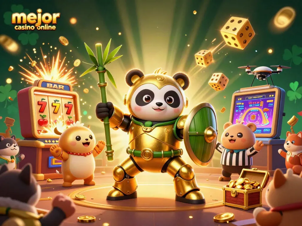 Viendo al mejor casino online con un panda dorado en un robot de bambú rodeado de ganancias y emoción.