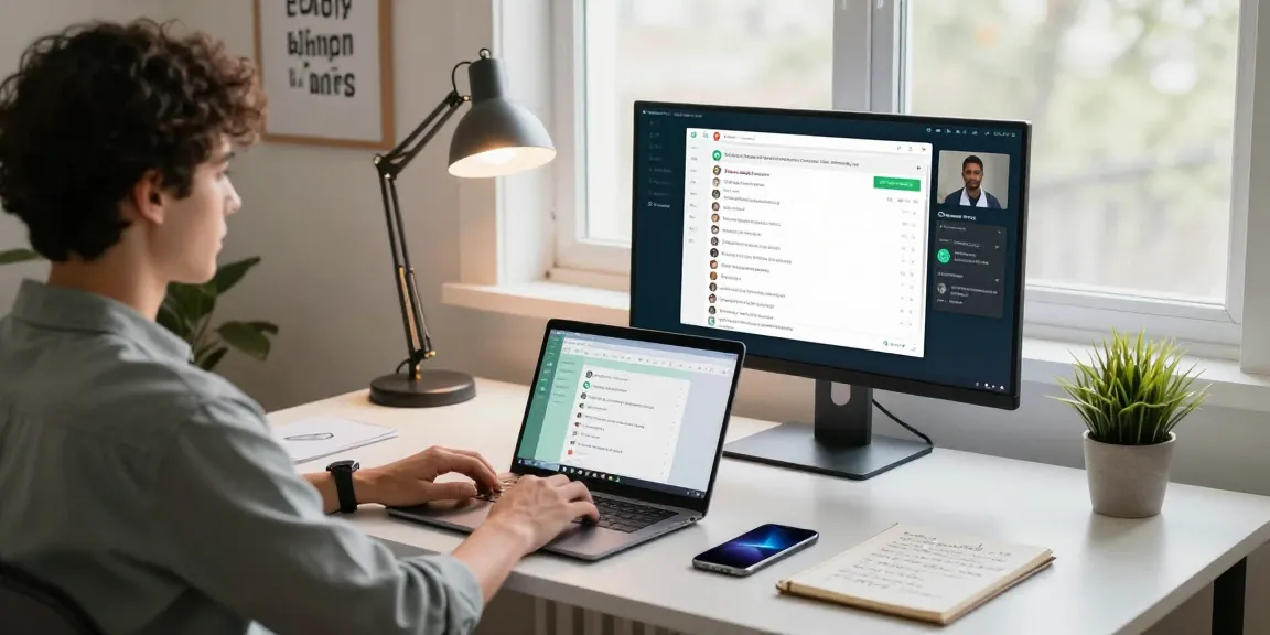 Enhance your WhatsApp電腦版 experience with a stylish home office setup featuring dual monitors and a laptop.