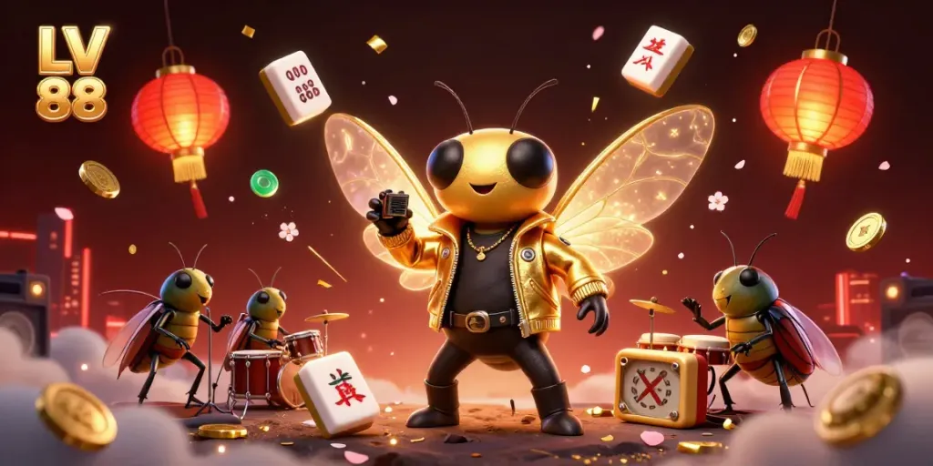Experience the vibrant entertainment of LV 88 with a dynamic scene of a rock star cicada, showcasing action-packed casino elements.