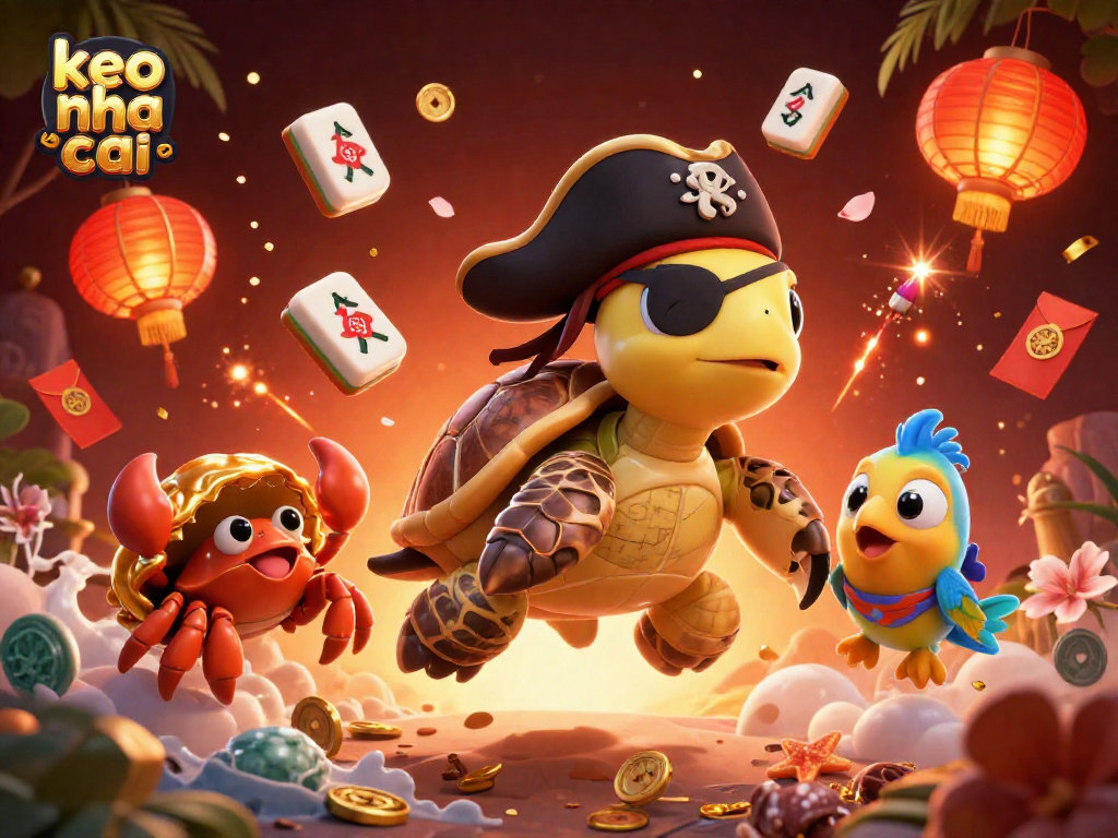 Engage in excitement with keo nha cai as a pirate turtle discovers treasure amidst casino elements.