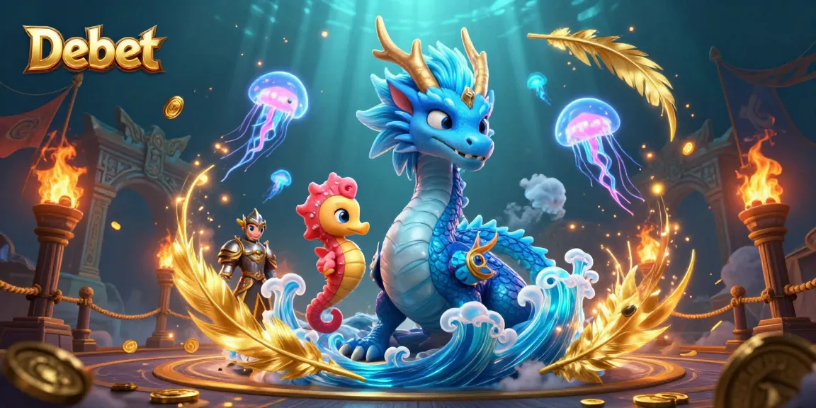 Engage with the captivating Debet illustration featuring a water dragon, seahorse knight, and jellyfish in a dynamic casino scene.