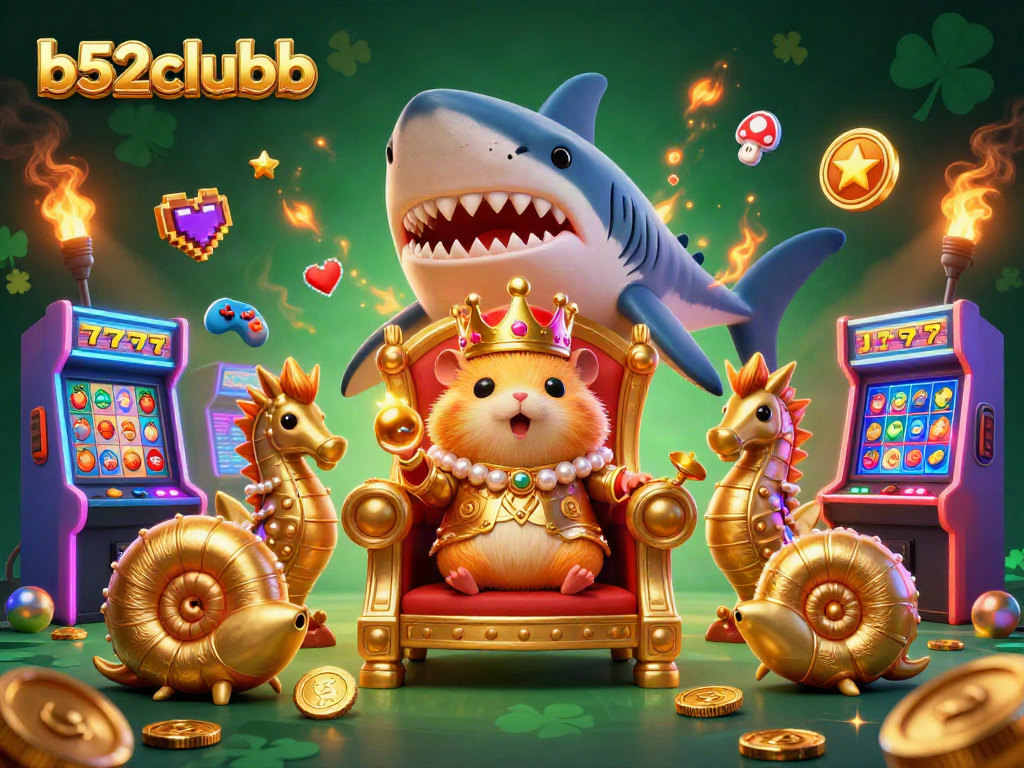 Engage with b52clubb's vibrant slot themes featuring a golden hamster king and arcade games.