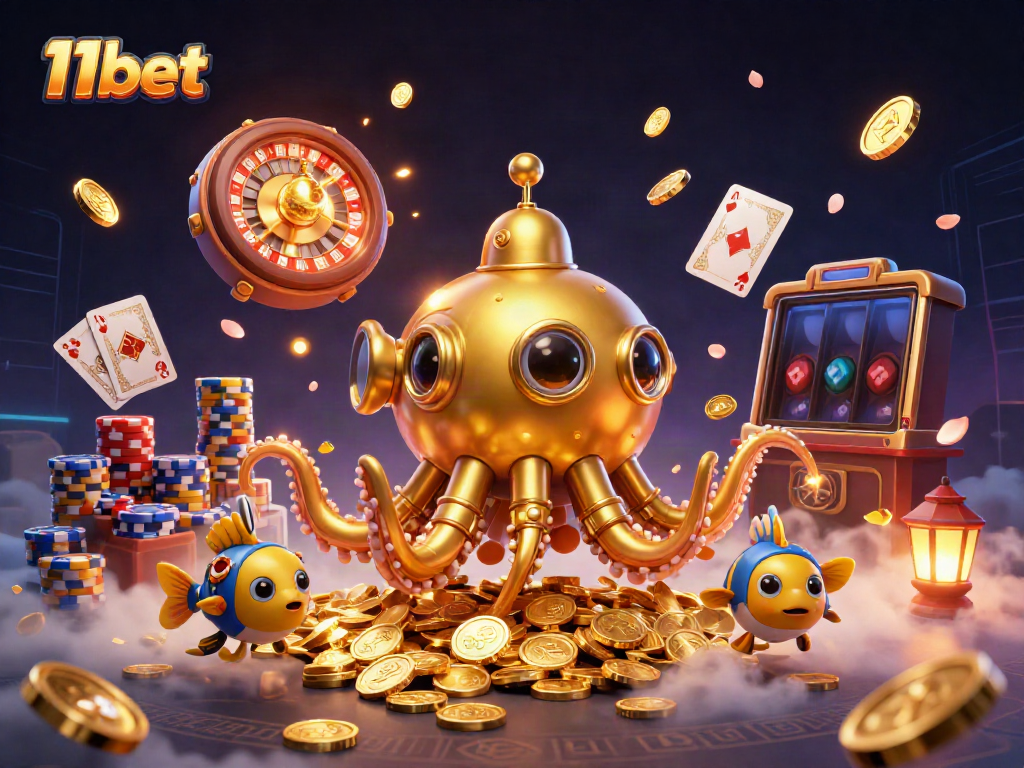 Experience thrilling gameplay with 11bet's vibrant 3D casino scene showcasing the kraken-themed underwater adventure.