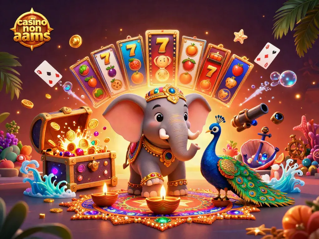 Gioca ai casino non aams con il nostro elefante fortunato e simboli di slot colorati, atmosfera vivace.