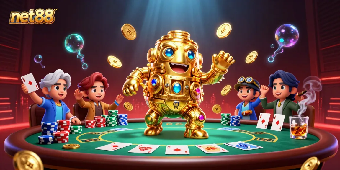 Join the thrilling action with net88's vibrant casino experience, featuring a golden golem and poker table.