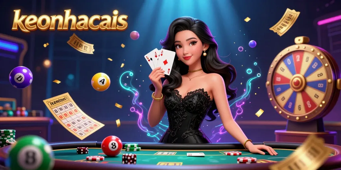 Experience the excitement of keonhacais with a captivating casino scene featuring an elegant Asian woman and dynamic game elements.