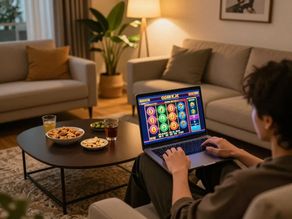 Engaged player enjoying GG88 KJC online casino games on a laptop in a cozy living room.