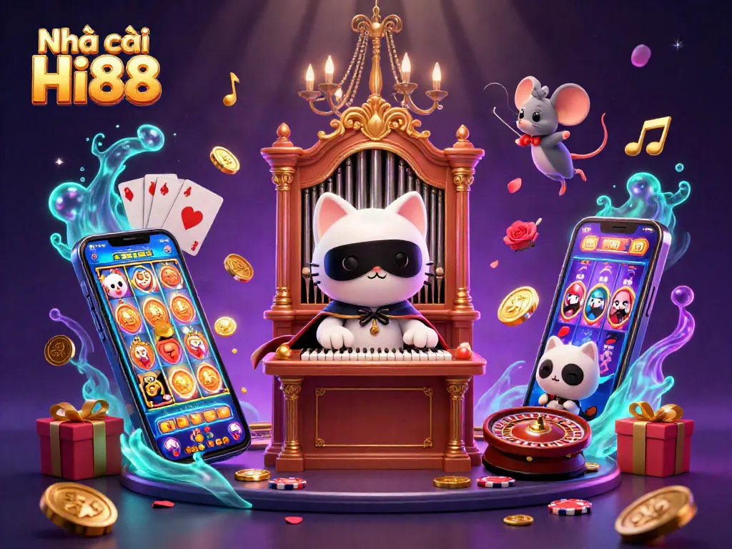 Join the fun at Nhà cái Hi88 with a vibrant casino scene showcasing exciting games and characters.
