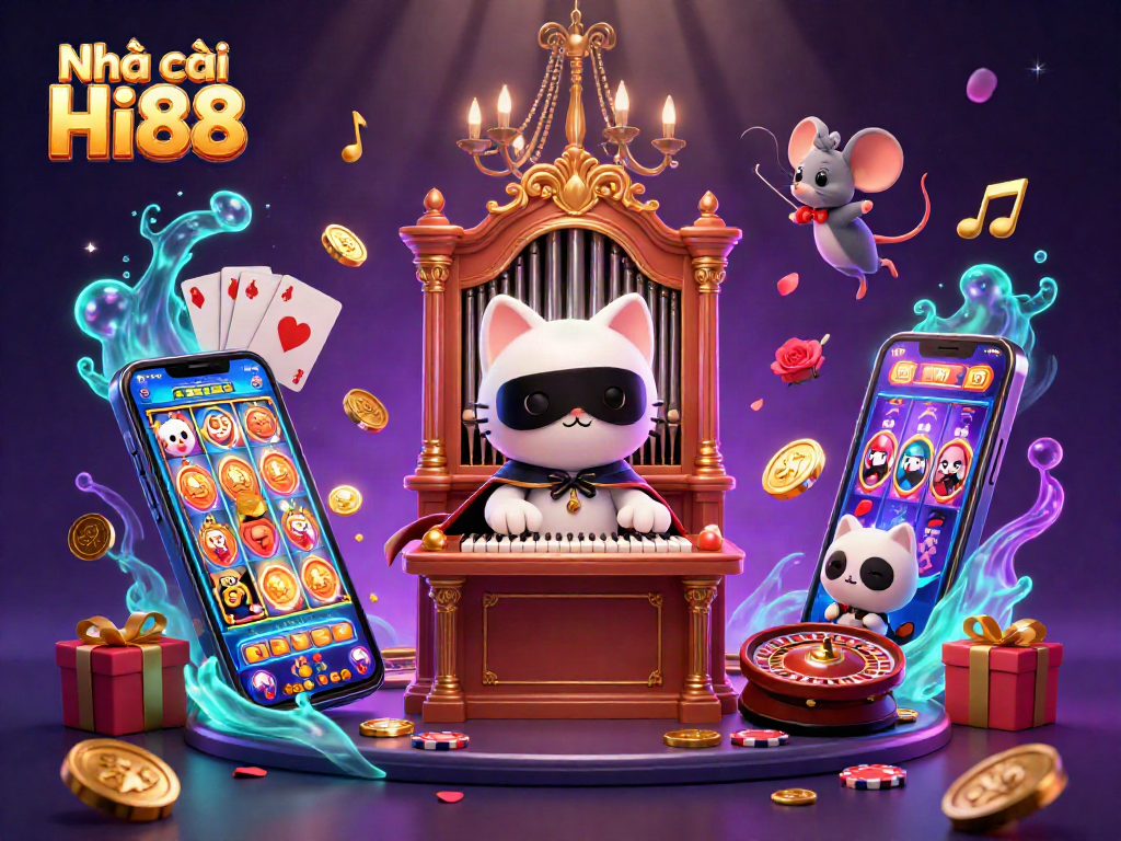 Join the fun at Nhà cái Hi88 with a vibrant casino scene showcasing exciting games and characters.