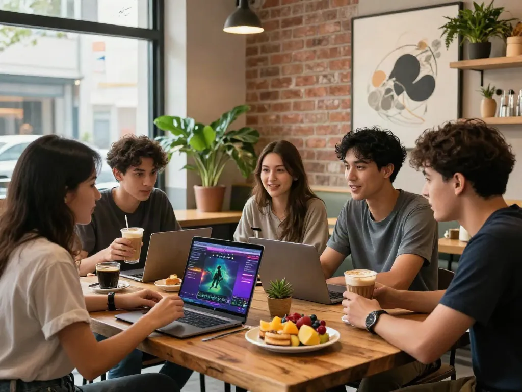 Group enjoying coffee and gaming on rokok88 in a trendy café