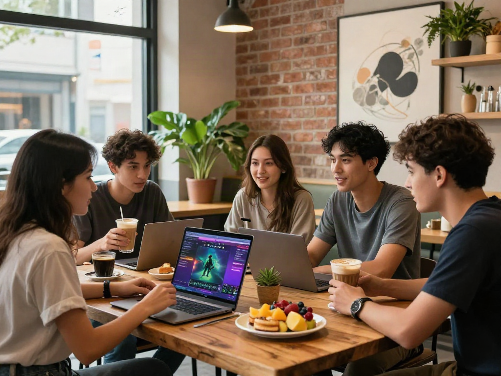 Group enjoying coffee and gaming on rokok88 in a trendy café