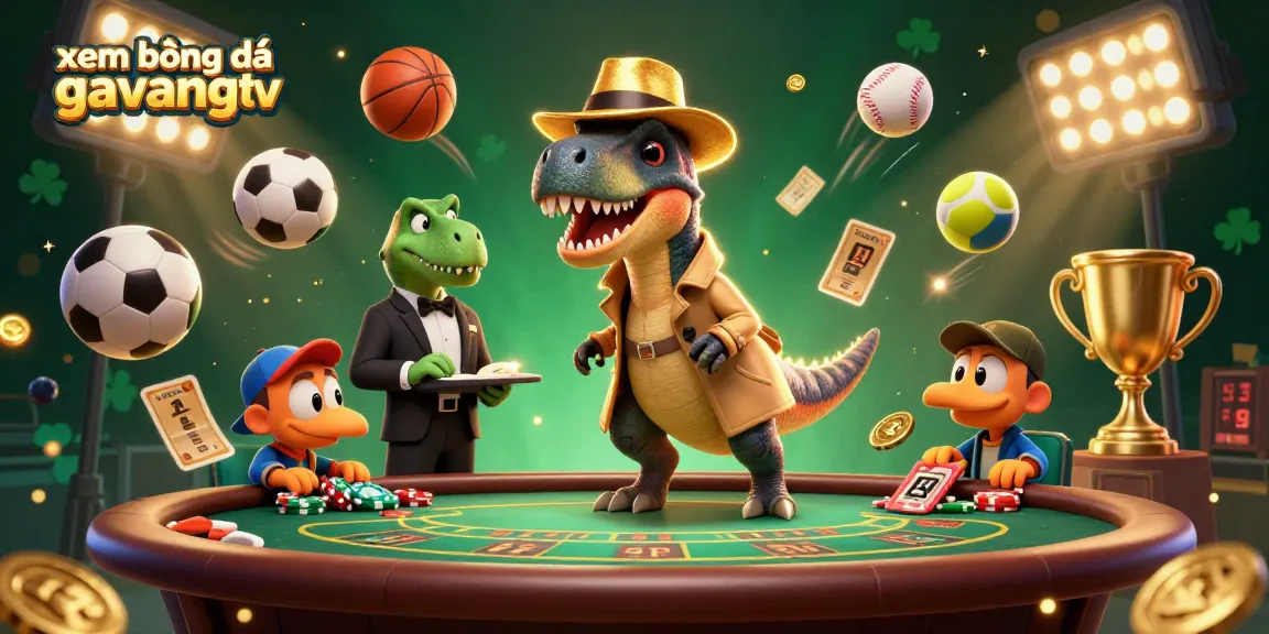 xem bóng đá gavangtv features a comedic scene with a velociraptor at blackjack, a suspicious stegosaurus, and dynamic sports elements.