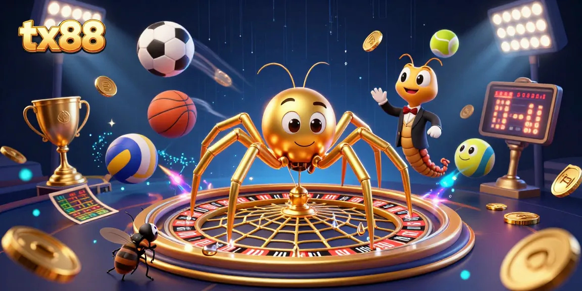 Experience thrilling bets at tx88 with a golden spider spinning a roulette web and dynamic sports elements.