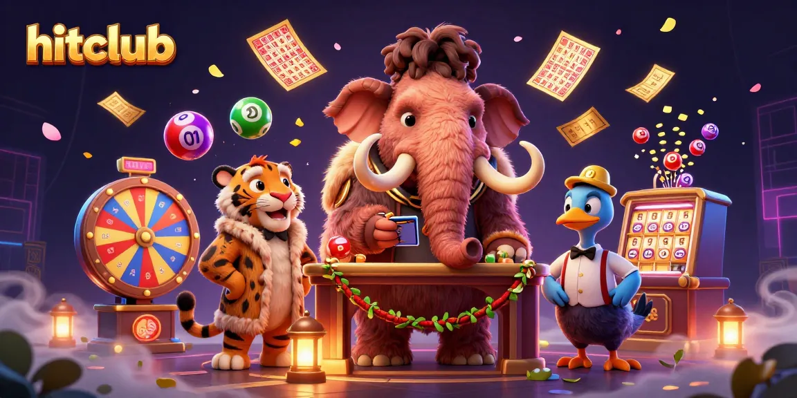 Catch the excitement of hitclub with a vibrant scene of casino characters, ticket confetti, and dynamic lottery elements.