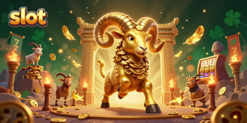 Experience the thrilling action of slots with a golden ram charging through a vibrant casino scene.