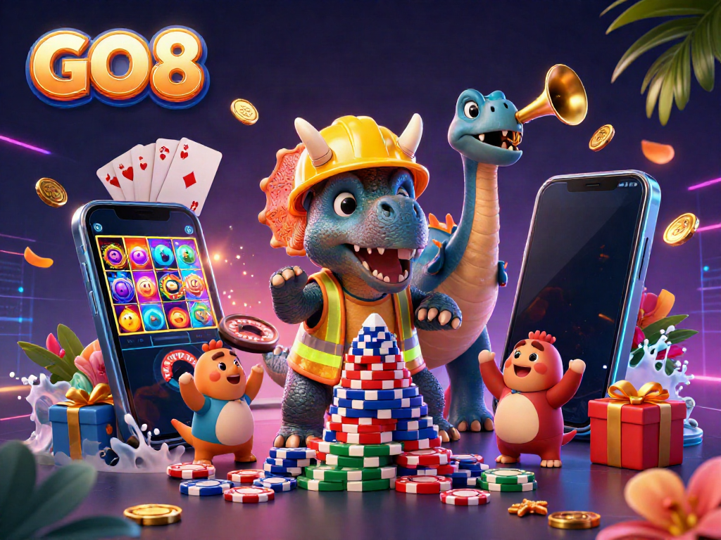Engaging scene of GO 8 with animated characters celebrating alongside vibrant casino elements.