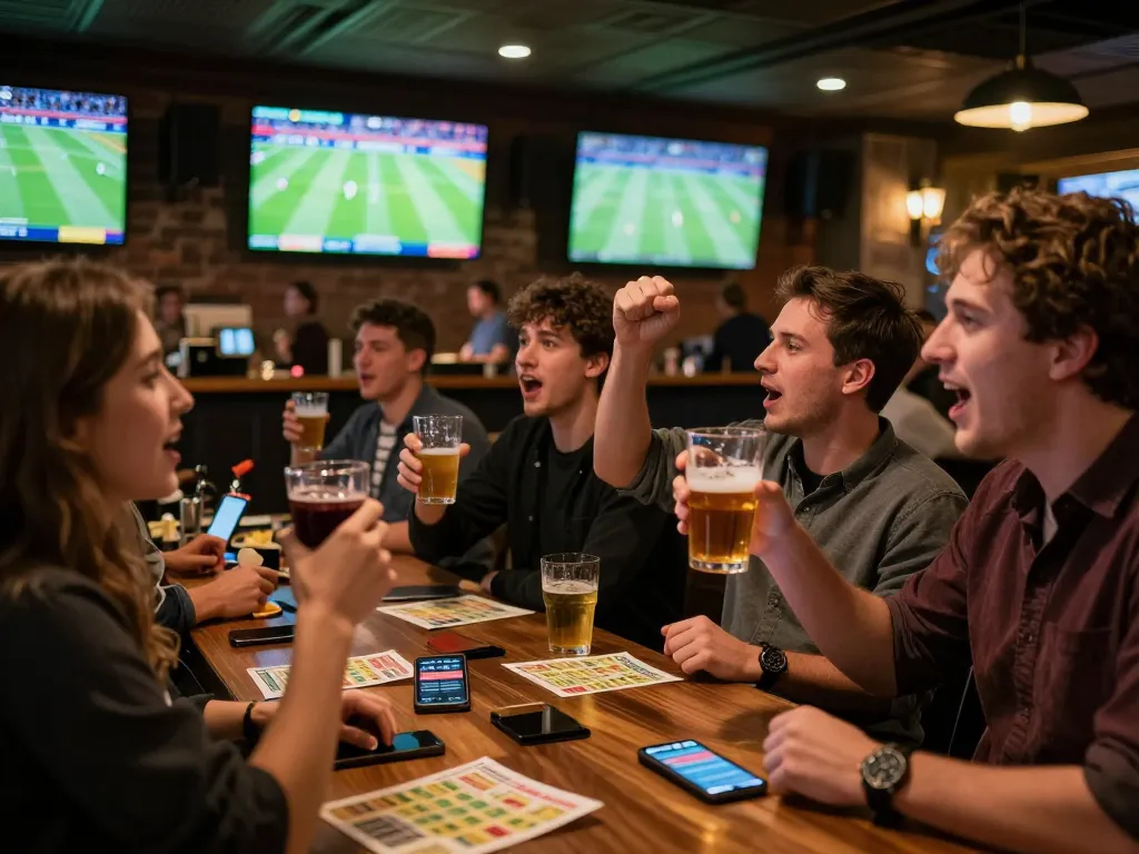 Friends cheering at a sports bar while using nhandinhkeonhacai for betting apps on their mobile devices.