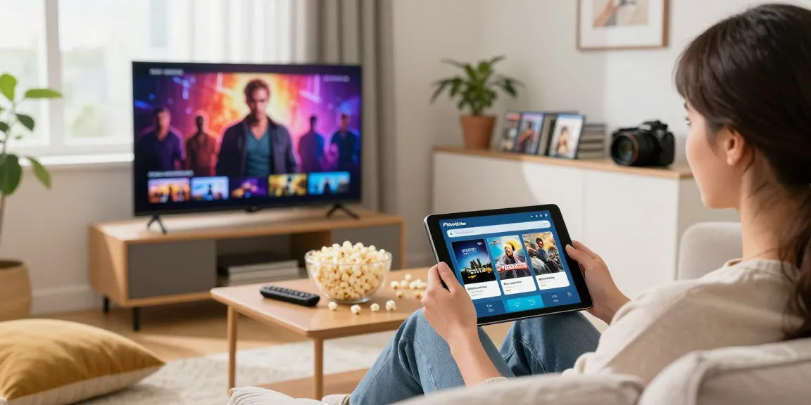 Pikashow APK download scene featuring a person streaming movies in a cozy living room with a vibrant TV display.