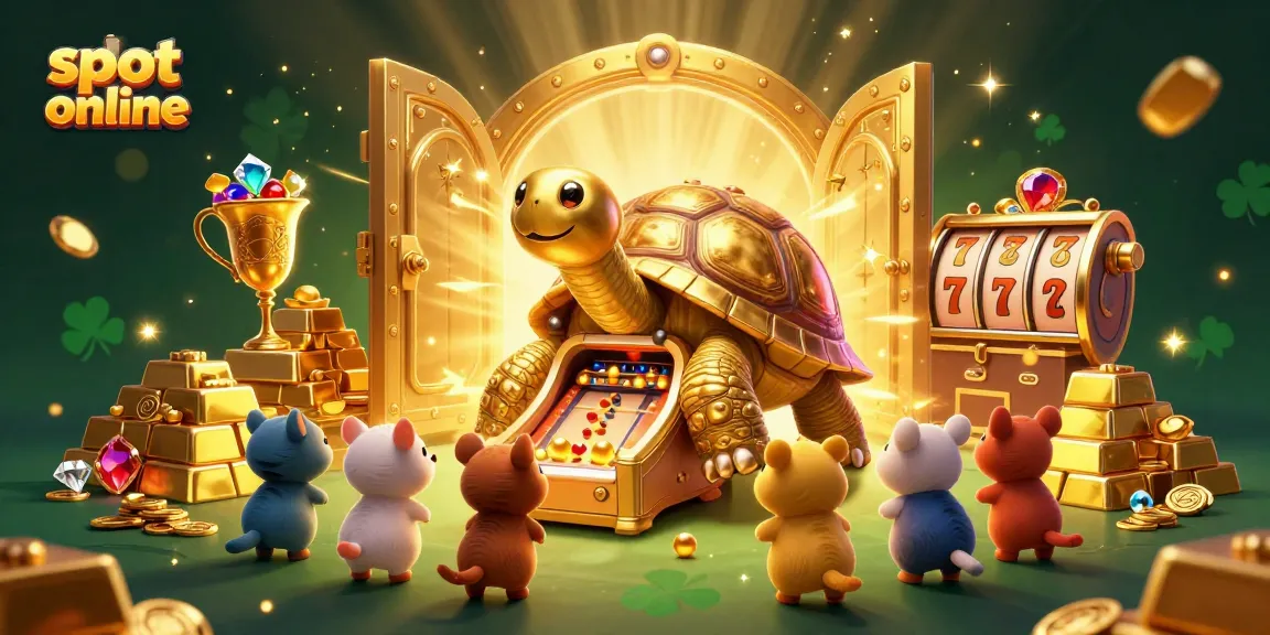 Spin the slot online reels with a cartoon tortoise and playful animals in a rich casino scene.