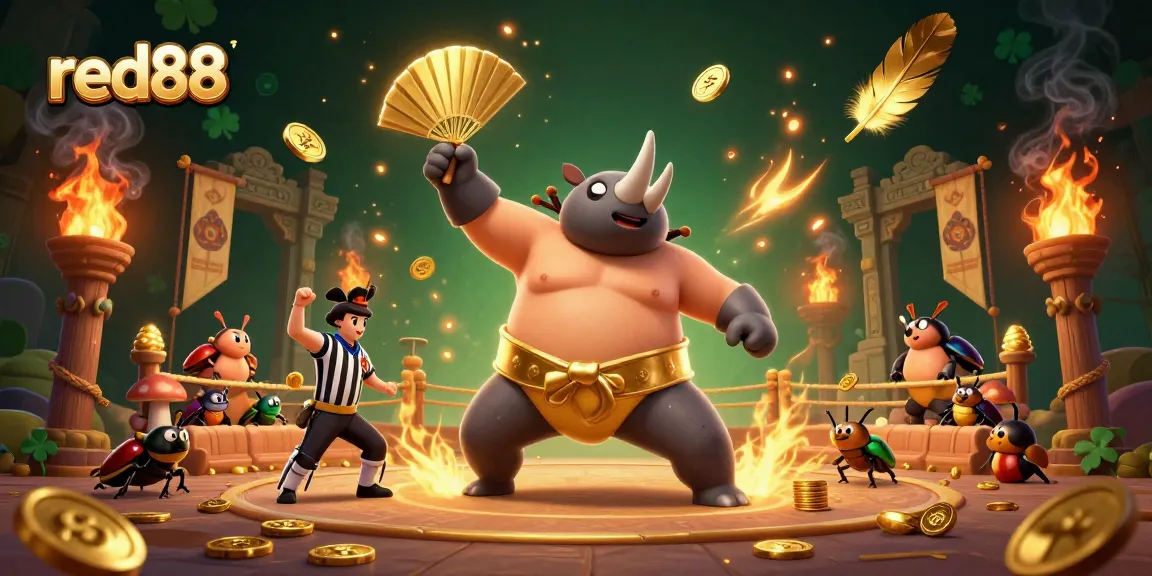 Engage with red88's vibrant 3D illustration, featuring a sumo champion beetle in a thrilling casino showdown.