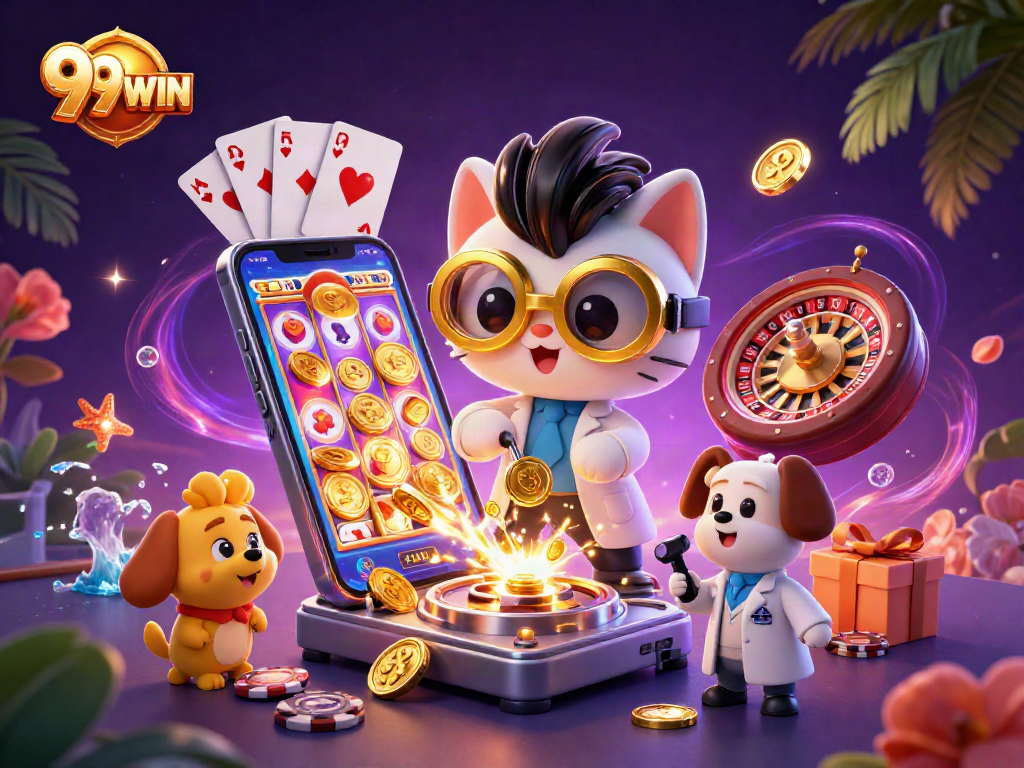 Experience winning excitement with 99WIN's vibrant casino scene featuring dynamic characters and games.