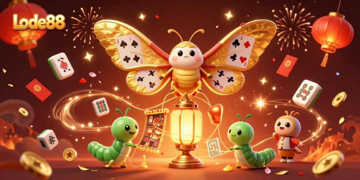 Lode88 celebrates with a vibrant scene of a 3D atlas moth and casino-themed elements