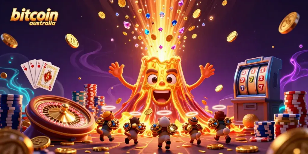 Engage with bitcoin casinos Australia featuring a golden volcano erupting coins and a vibrant casino scene