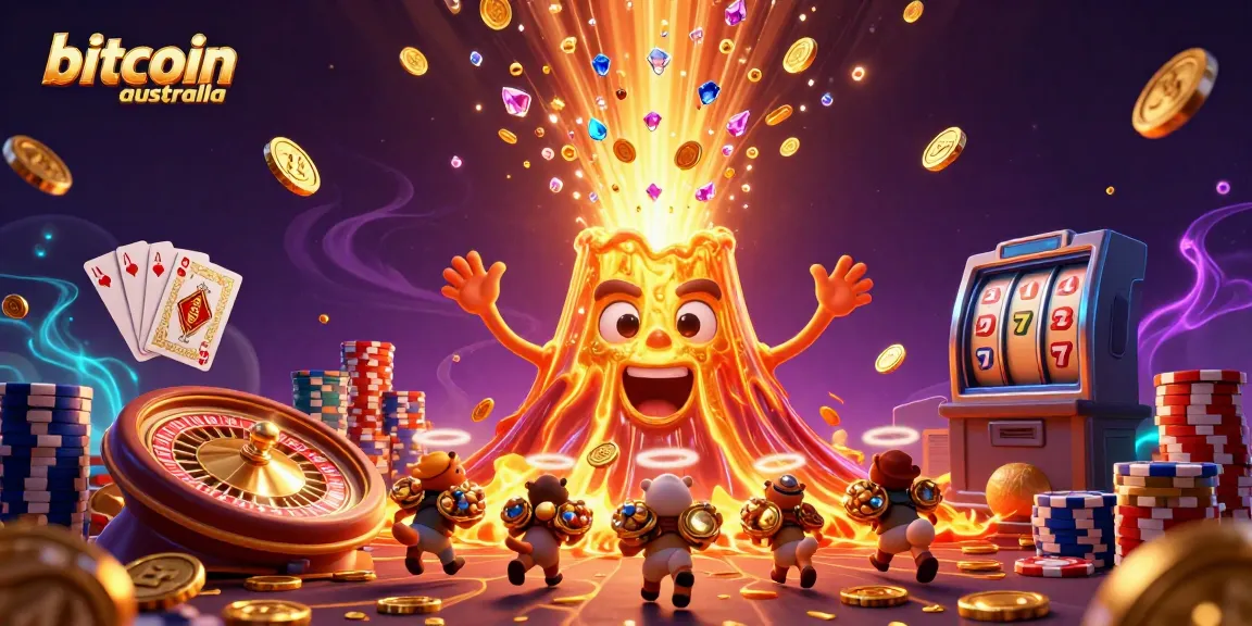 Engage with bitcoin casinos Australia featuring a golden volcano erupting coins and a vibrant casino scene