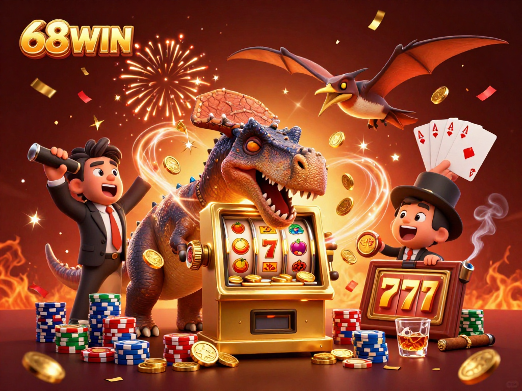 The exciting 68WIN scene features a dinosaur hitting a slot machine for jackpot coins with vibrant casino elements.