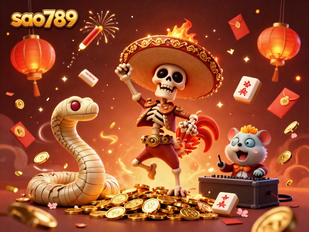 Sao789 brings excitement with a vibrant mariach skeleton and festive elements celebrating online gaming.