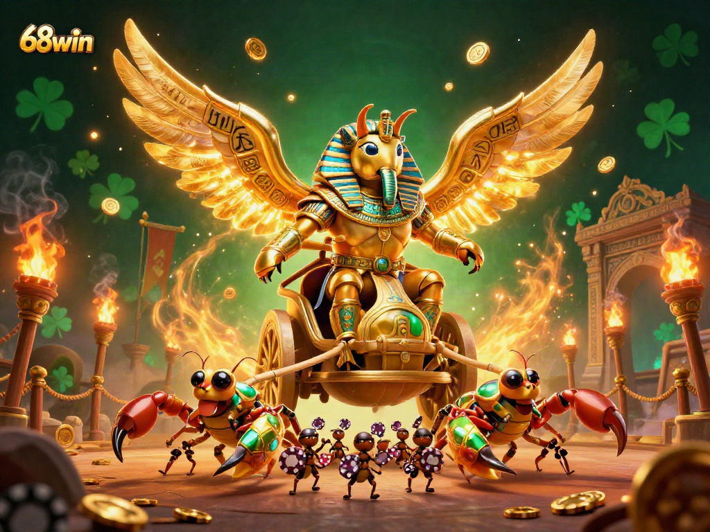 Engage in thrilling gameplay with 68win featuring a golden scarab beetle, chariot, and poker chips.