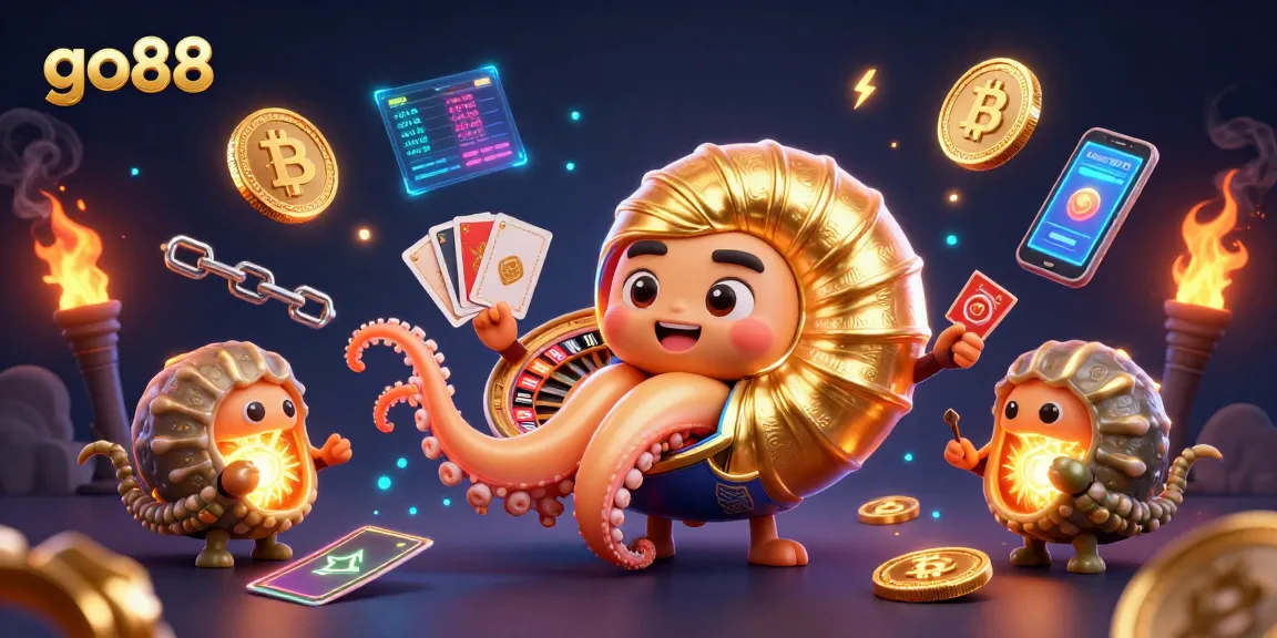 go88 unleashes thrilling gameplay with a giant nautilus and golden cards in a vibrant casino scene.