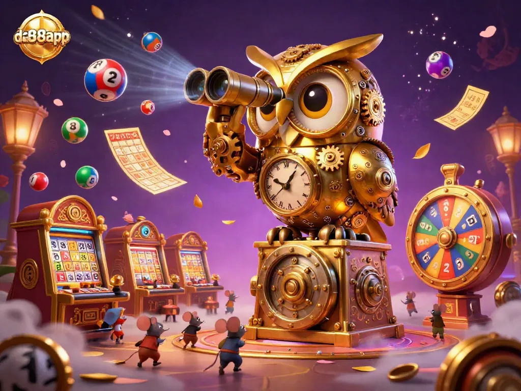 Experience the vibrant casino excitement of da88app with dynamic lottery balls and a whimsical owl.