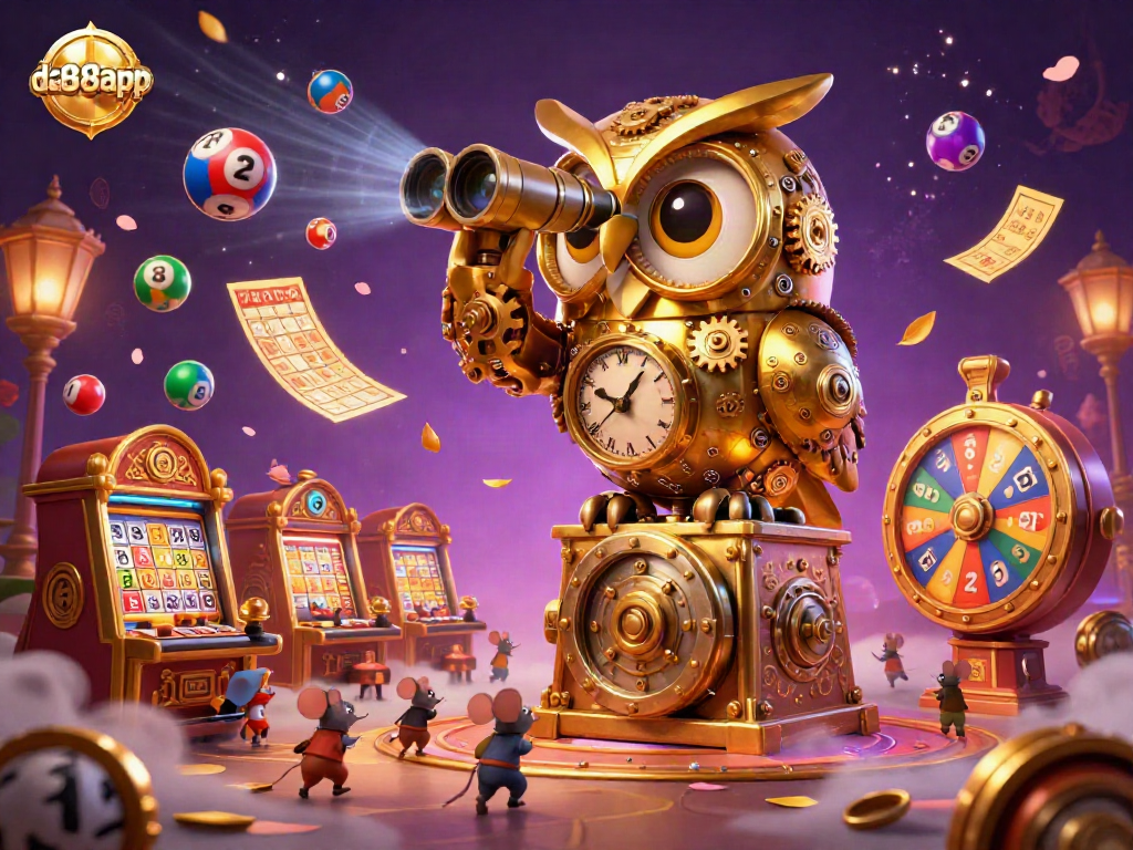 Experience the vibrant casino excitement of da88app with dynamic lottery balls and a whimsical owl.