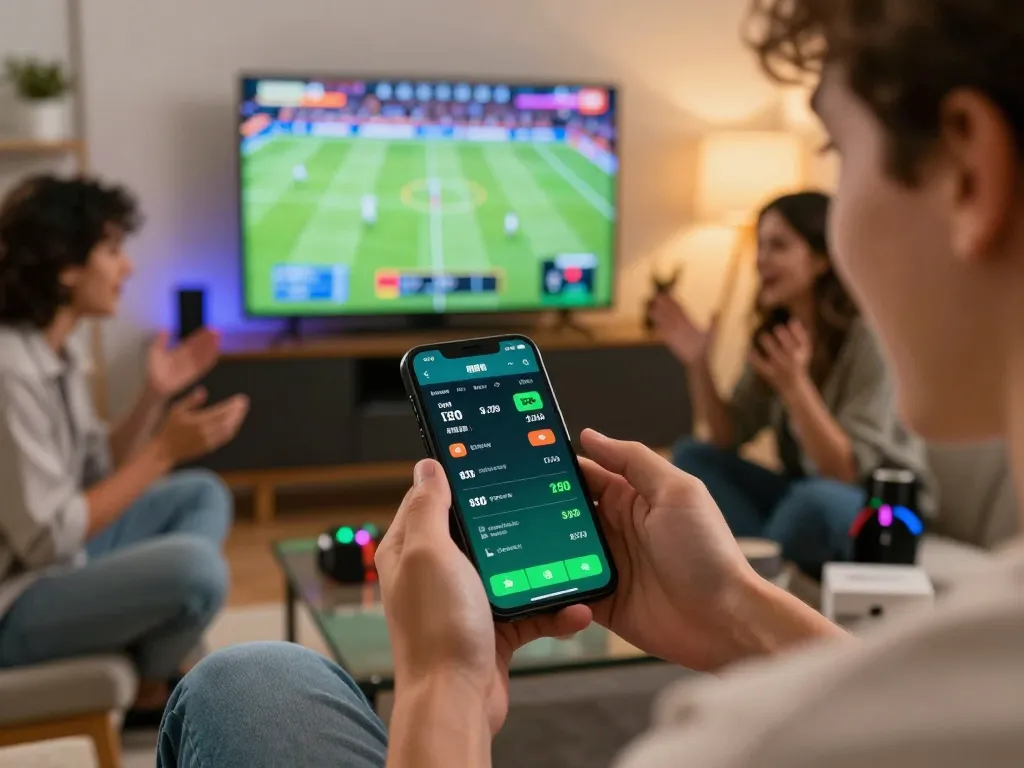 33win user engaging in live sports betting on smartphone, surrounded by friends in an inviting home atmosphere