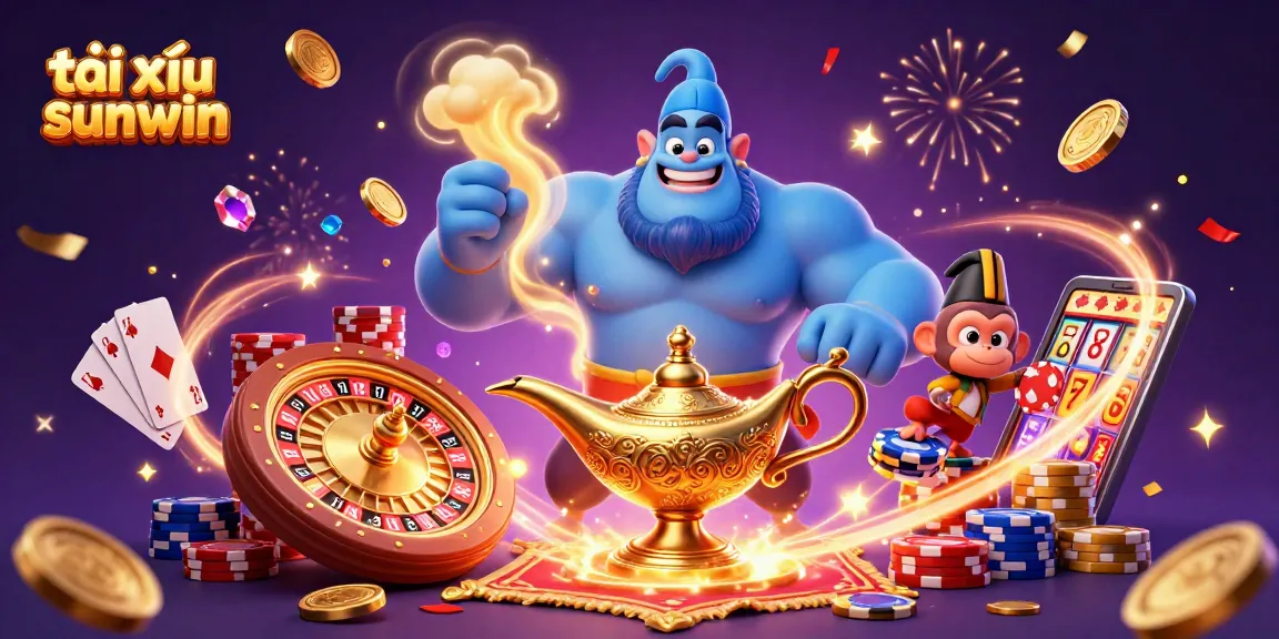 Tài xỉu sunwin comes alive with a genie, monkey, and magic carpet in a vibrant casino scene.