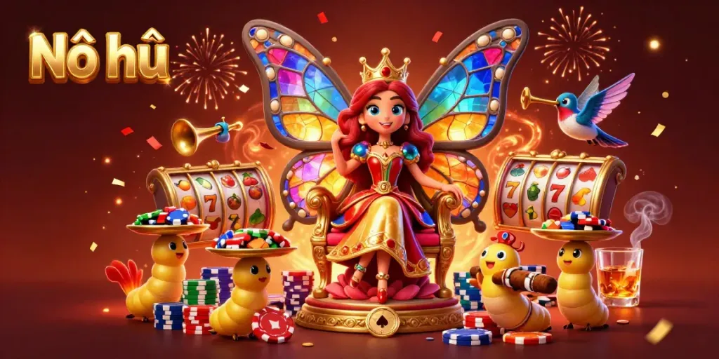 Nổ hũ captivating scene with a butterfly queen, slot symbols, and poker chips celebrating a jackpot.