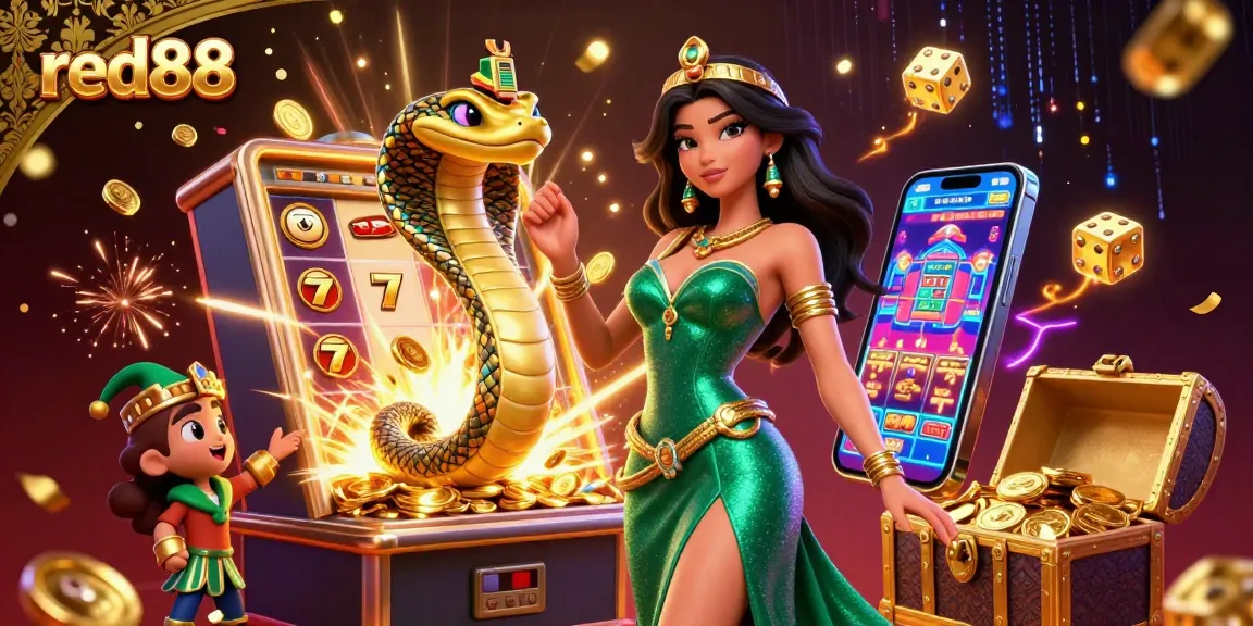 Experience the thrill of red88 with a dazzling scene of slot machines and shimmering characters.