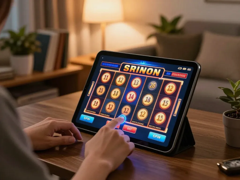 Engaged player enjoying 88clb slot games on a tablet in a cozy living room