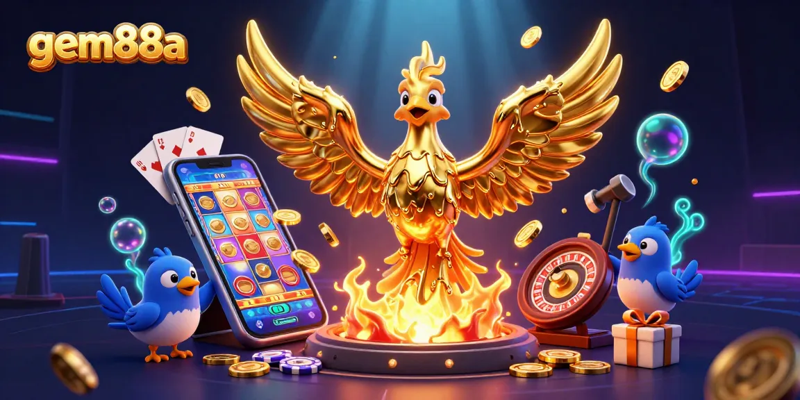 Experience thrilling winnings with gem88a in a dynamic 3D casino scene filled with vibrant games.