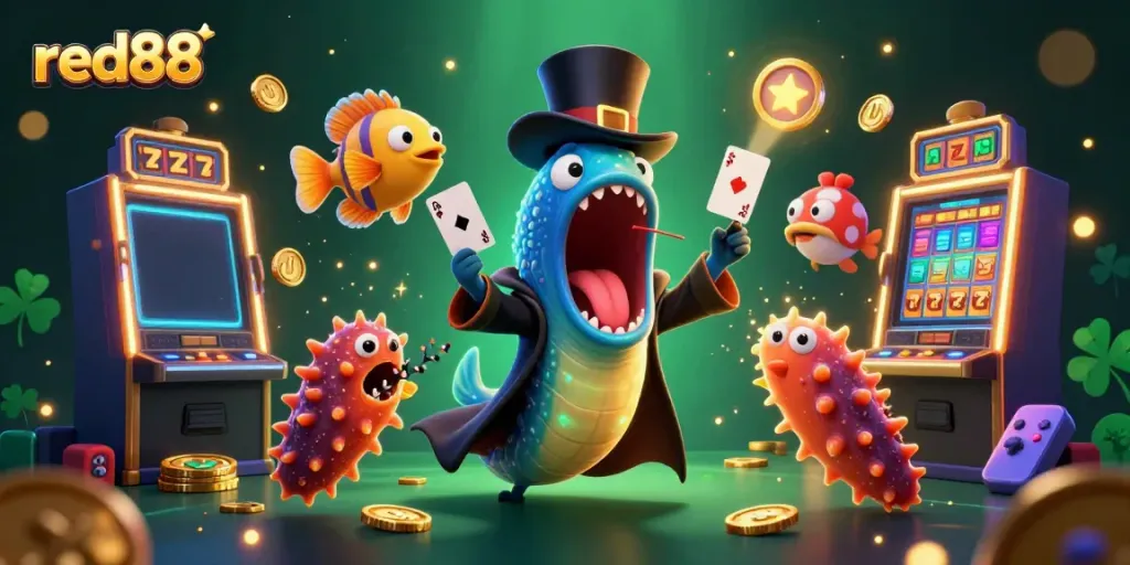 Experience thrilling gameplay at red88 with an enchanting scene featuring magical sea creatures performing casino tricks.
