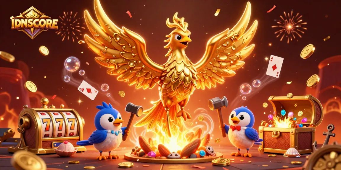 Experience the thrill of IDNSCORE with a vivid casino-themed illustration showcasing winning moments and vibrant symbols.