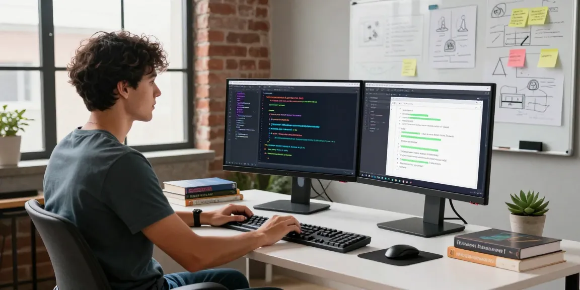 Build internal tools with AI in a vibrant modern workspace showcasing a developer coding.