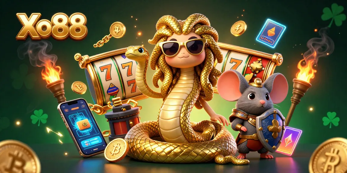 Play thrilling games at Xo88 with a vibrant illustration of slots and lucky symbols.